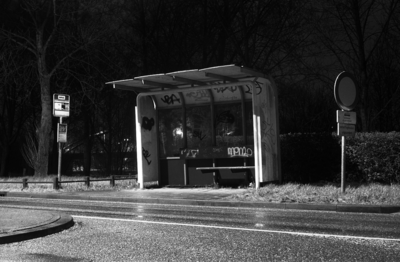 883872 Gezicht op de bushalte Remiseweg aan de Utrechtseweg tussen Nieuwegein en Utrecht, bij nacht.